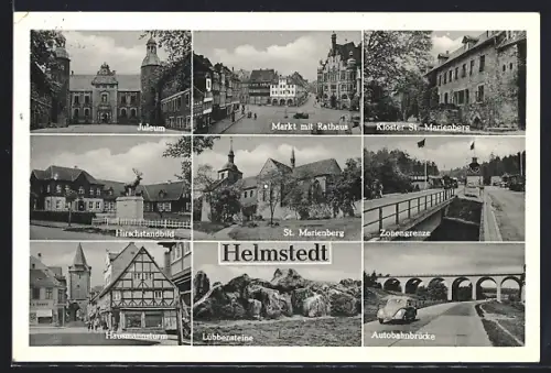AK Helmstedt, Juleum, Markt mit Rathaus, Kloster St. Marienberg, Hausmannsturm, Autobahnbrücke