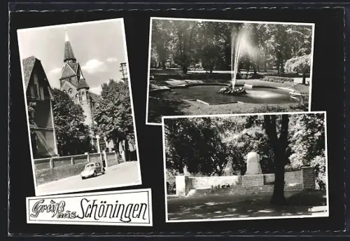 AK Schöningen, Kirche, Brunnen im Park, Denkmal