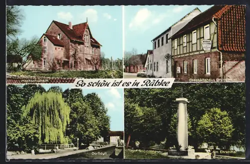 AK Räbke, Hochschulheim, Geschäftshaus Grundmeier, Dorfidyll, am Ehrenmal