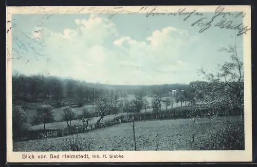 AK Bad Helmstedt, Blick über die Felder auf Gasthof, Inh. H. Siebke