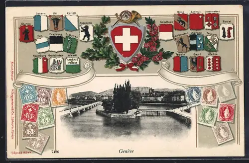 AK Genève, Uferpartie mit Brücke, Wappen von Bern, Schwyz und Genf mit Briefmarken, Passepartout