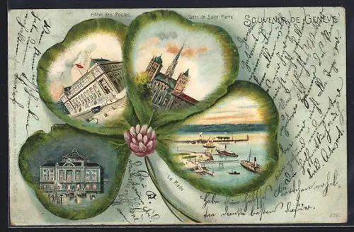 Lithographie Geneve, Le Theatre, La Rade, Hotel des Postes, Tours de Saint-Pierre im Kleeblatt