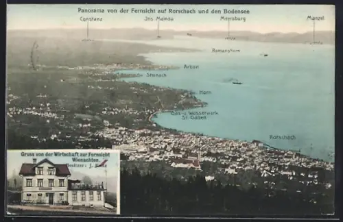AK Rorschach, Totalansicht mit Bodensee, Constanz, Meersburg, Wirtschaft zur Fernsicht Wienachten