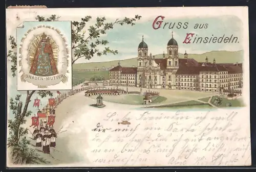 Lithographie Einsiedeln, Kloster mit Prozession