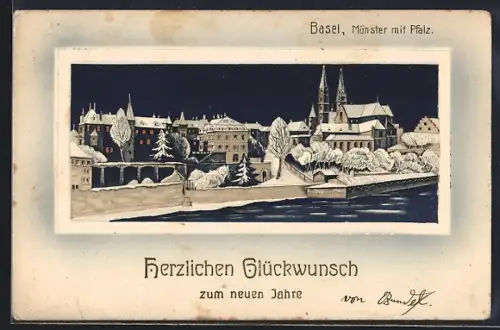 Künstler-AK Basel, Münster mit Pfalz im Winter, Neujahrsgruss