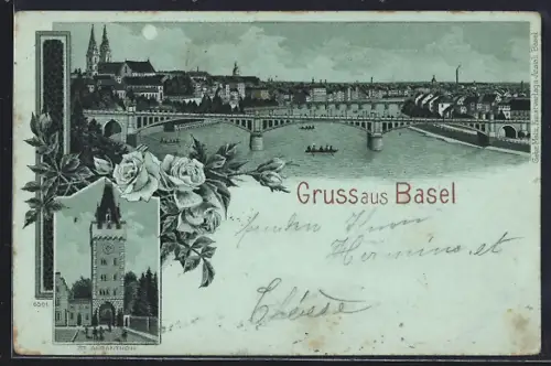 Mondschein-Lithographie Basel, Uferpartie mit Brücke, St. Albantor