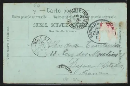 Mondschein-Lithographie Basel, Uferpartie mit Brücke, St. Albantor