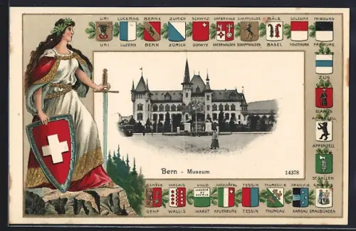 Präge-AK Bern, Museum, Helvetia mit Wappen von Zürich, Luzern und Uri, Passepartout