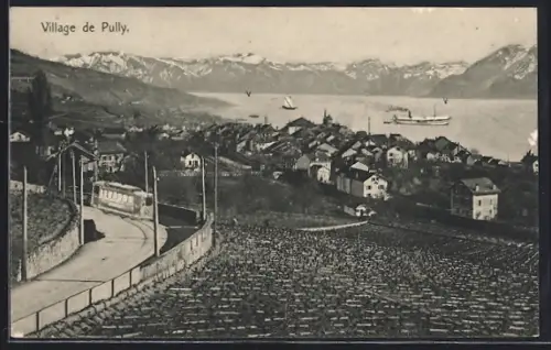 AK Pully, Ortspanorama, Strassenbahn, Dampfer, Segelboot