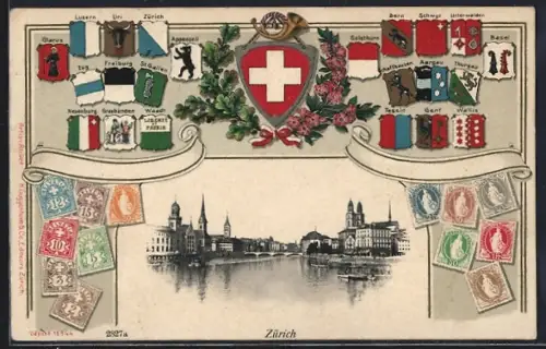 AK Zürich, Uferpartie, Briefmarken mit Wappen von Genf, Bern und Basel, Passepartout