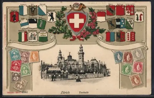 AK Zürich, Tonhalle, Wappen der Kantone und Briefmarken