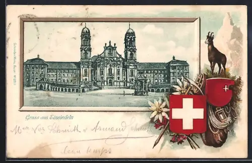 Lithographie Einsiedeln, Blick auf das Schloss, Bergziege