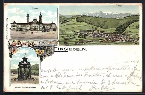 Lithographie Einsiedeln, Teilansicht, Kloster, Mutter Gottes Brunnen