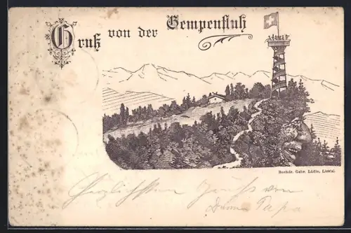 Lithographie Gempenfluh, Panorama mit Aussichtsturm