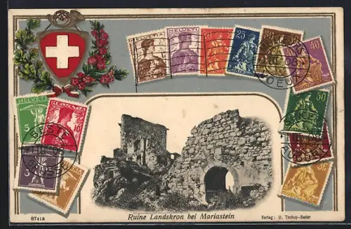 Präge-AK Mariastein, Ruine Landskron, Wappen mit Briefmarken, Passepartout