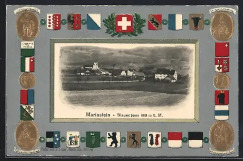 Präge-AK Mariastein, Blauenpass, Wappen mit Telldenkmal und St. Jakob-Denkmal, Passepartout