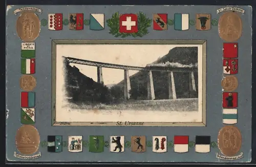 Präge-AK St. Ursanne, Eisenbahnbrücke, Kantonswappen mit Telldenkmal und St. Jakob-Denkmal, Passepartout