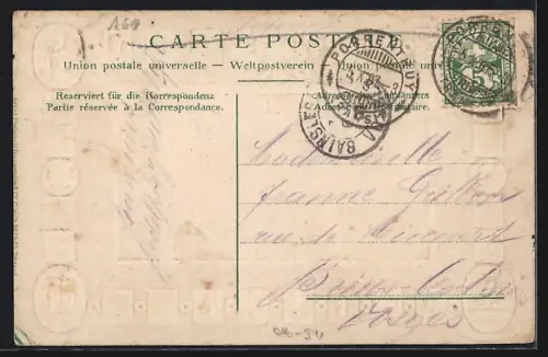 Präge-AK St. Ursanne, Eisenbahnbrücke, Kantonswappen mit Telldenkmal und St. Jakob-Denkmal, Passepartout