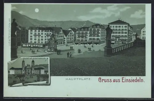 Mondschein-Lithographie Einsiedeln, Kloster, Hauptplatz