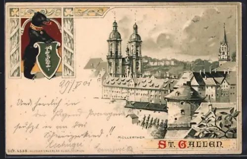Lithographie St. Gallen, Müllerthor und Wappen