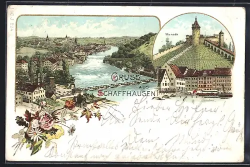 Lithographie Schaffhausen, Ansicht von oben, Munoth, Brücke, Dampfer, Blumen