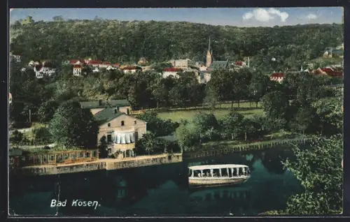 AK Bad Kösen, Uferpartie mit Kirche und Boot