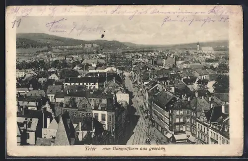 AK Trier, Teilansicht und Strassenpartie mit Strassenbahn vom Gangolfturm aus gesehen