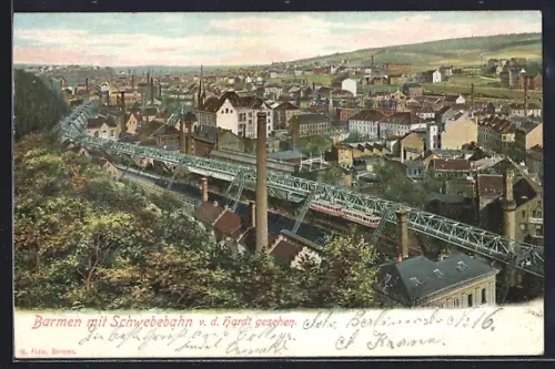 AK Barmen, Partie mit Schwebebahn v. d. Hardt gesehen