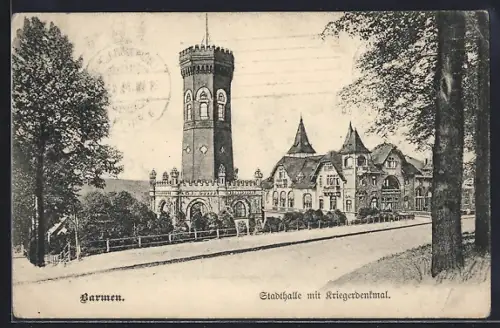 AK Barmen, Stadthalle mit Kriegerdenkmal