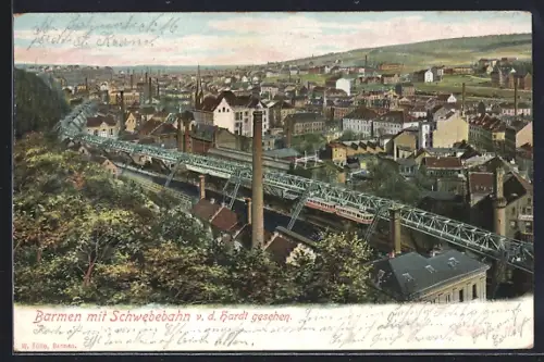 AK Barmen, Partie mit Schwebebahn v. d. Hardt gesehen