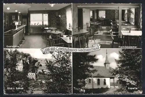AK Gevelinghausen /Hochsauerland, Gasthof und Pension Paul Rath, Innenansichten Gaststätte u. Fremdenzimmer, Kapelle