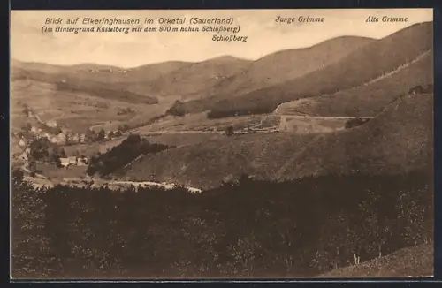 AK Elkeringhausen im Orketal, Panorama und Junge und Alte Grimme, Im Hintergrund Küstelberg mit Schlossberg