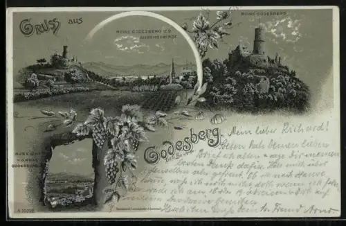 Lithographie Godesberg, Ruine und Siebengebirge, Aussicht v. d. Ruine