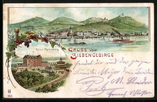 Lithographie Königswinter, Blick zum Ort im Siebengebirge, Hotel Petersberg, Dampfer