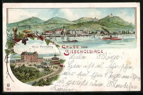 Lithographie Königswinter, Blick zum Ort im Siebengebirge, Hotel Petersberg, Dampfer