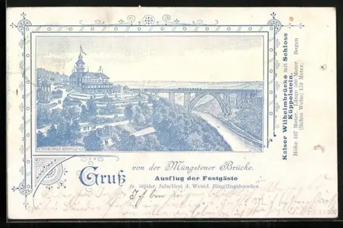 Lithographie Müngsten, Kaiser Wilhelmbrücke mit Schloss Küppelstein