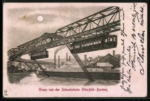 Lithographie Elberfeld-Barmen, Schwebebahn passiert eine Fabrik