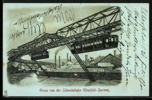 Lithographie Elberfeld-Barmen, Schwebebahn passiert eine Fabrik