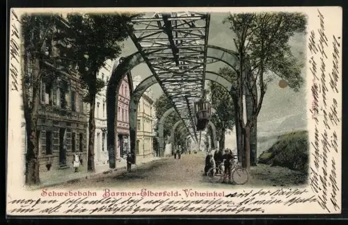 AK Schwebebahn Barmen-Elberfeld-Vohwinkel, Partie mit Radfahrer