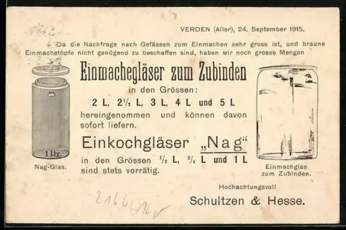 AK Verden /Aller, Grosshandlung Schultzen & Hesse, Angebot für Einmachgläser zum Zubinden