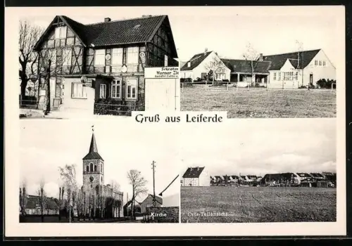 AK Leiferde / Braunschweig, Teilansicht, Schule, Kirche und Gaststätte Hopert