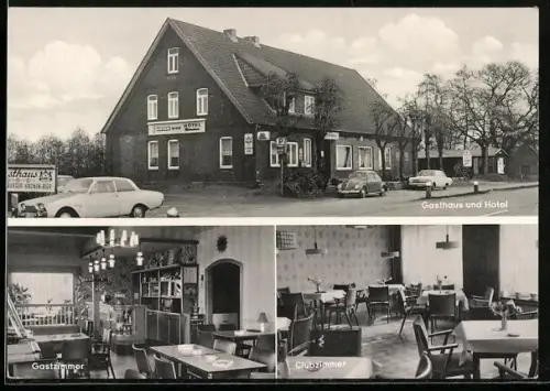 AK Gehrden / Luhe, Homann`s Gasthaus und Hotel, An der Bundesstrasse 4, Auto Volkswagen VW Käfer & Ford Taunus