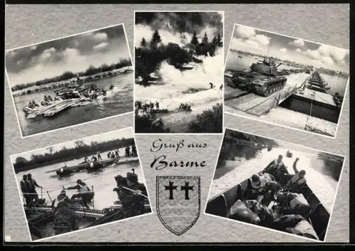 AK Deutsche Bundeswehr, Pioniere bauen eine Brücke, Panzer, Sturmboot