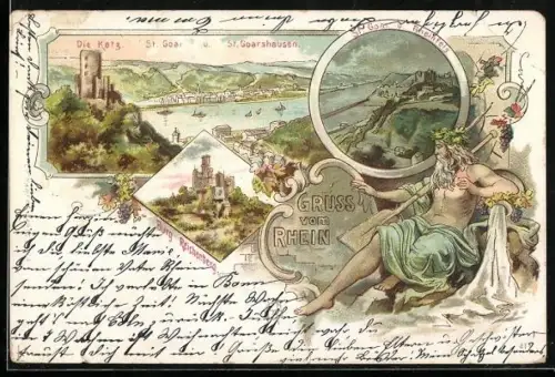 Lithographie St. Goar, Gesamtansicht mit Rhein, Blick auf die Katz, St.Goar, St.Goarshausen und Rheinfels