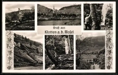 AK Klotten a. d. Mosel, Ortsansicht mit Kirche, Wasserfall