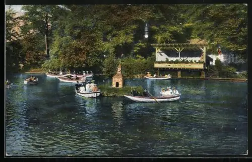 AK Barmen, Gasthaus Villa Murmelbach, Ruderpartie auf dem See, Bes. Ed. Lebens