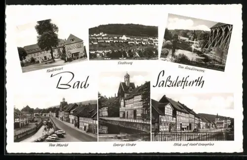 AK Bad Salzdetfurth, Hotel Kronprinz, Gradierwerk, Badehaus, Markt, Georgs-Kirche und Siedlung