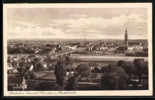 AK Simbach a. Inn, Ansicht mit Braunau u. Reichsbrücke