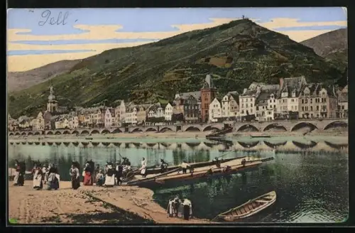 AK Zell a. d. Mosel, Stadtansicht mit Moselbrücke und Weinberg