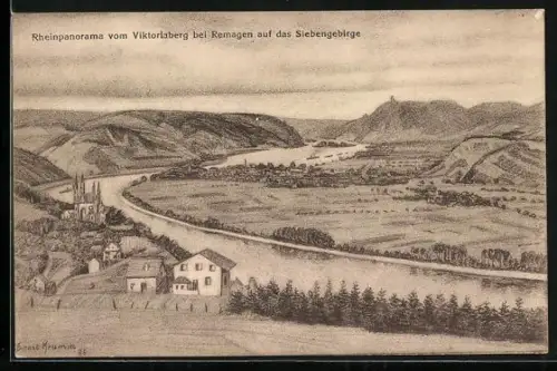 Künstler-AK Remagen, Rheinpanorama vom Viktoriaberg auf das Siebengebirge